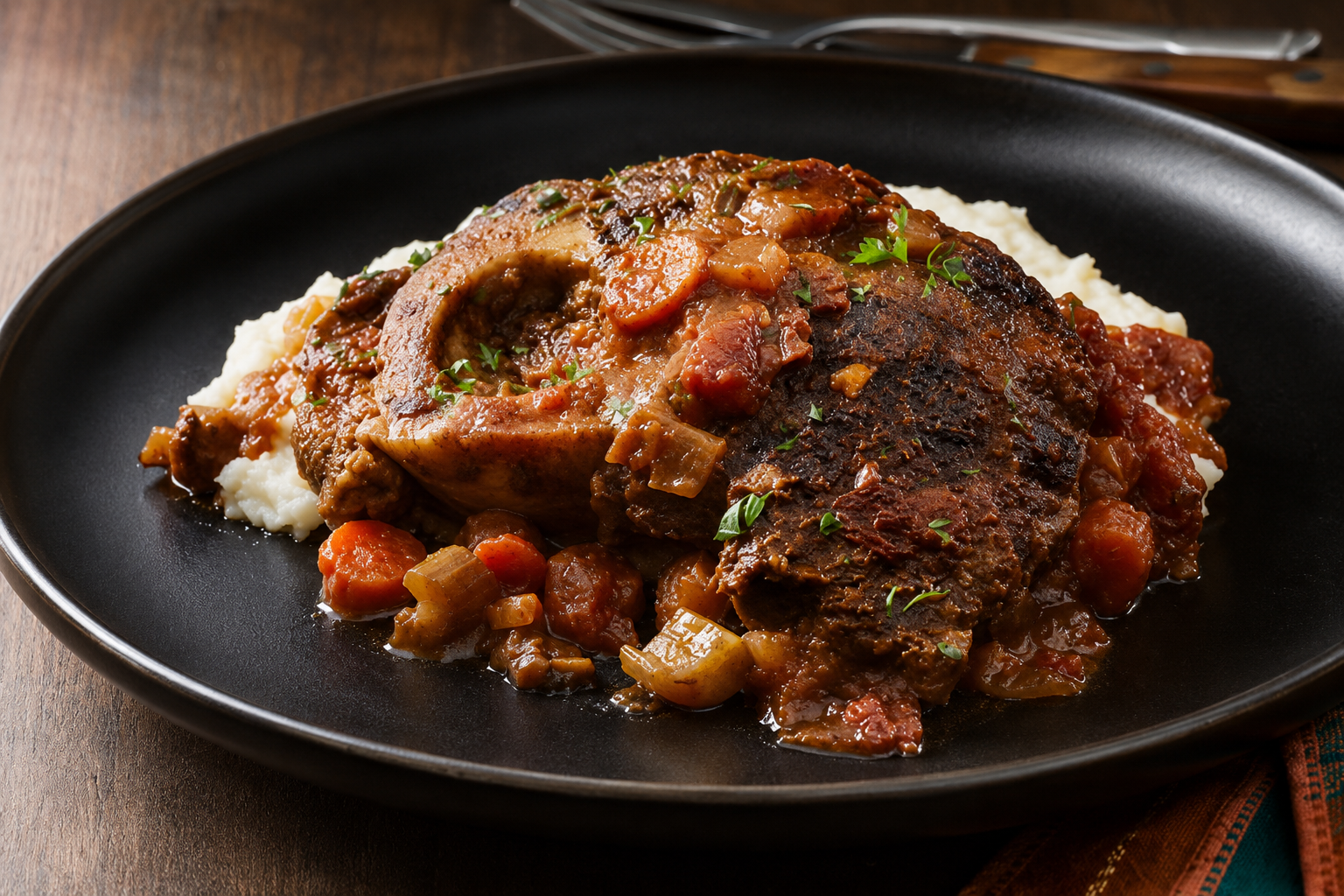 Ossobuco served with sauce and garnish