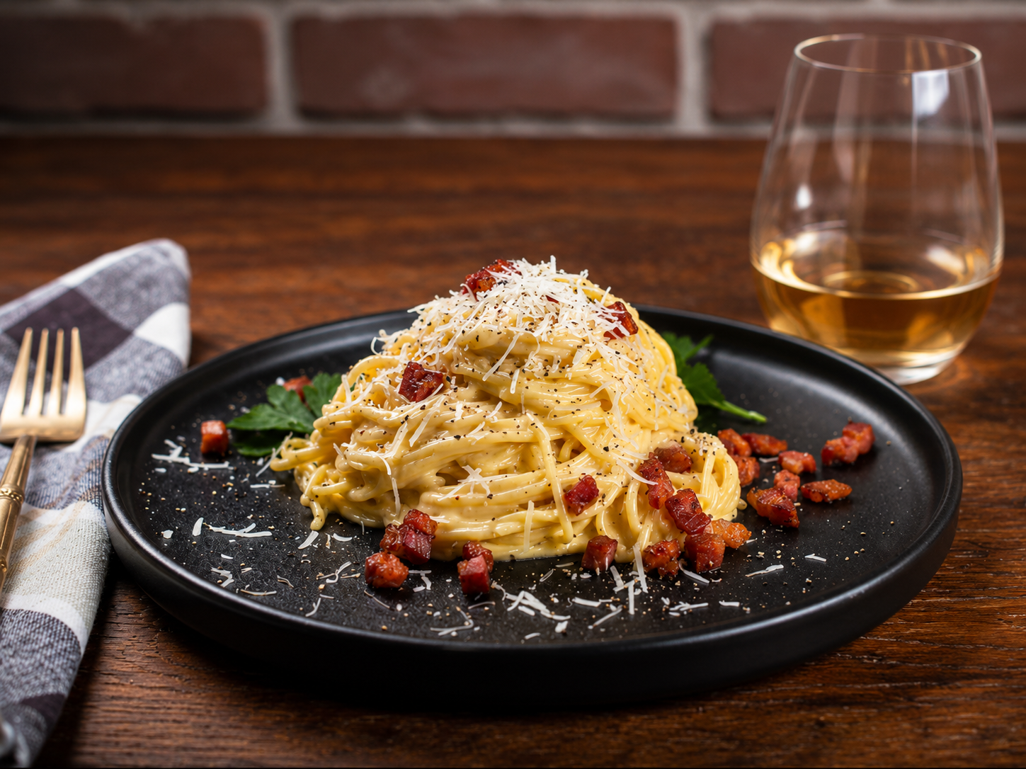 Spaghetti carbonara plated with cheese and pepper