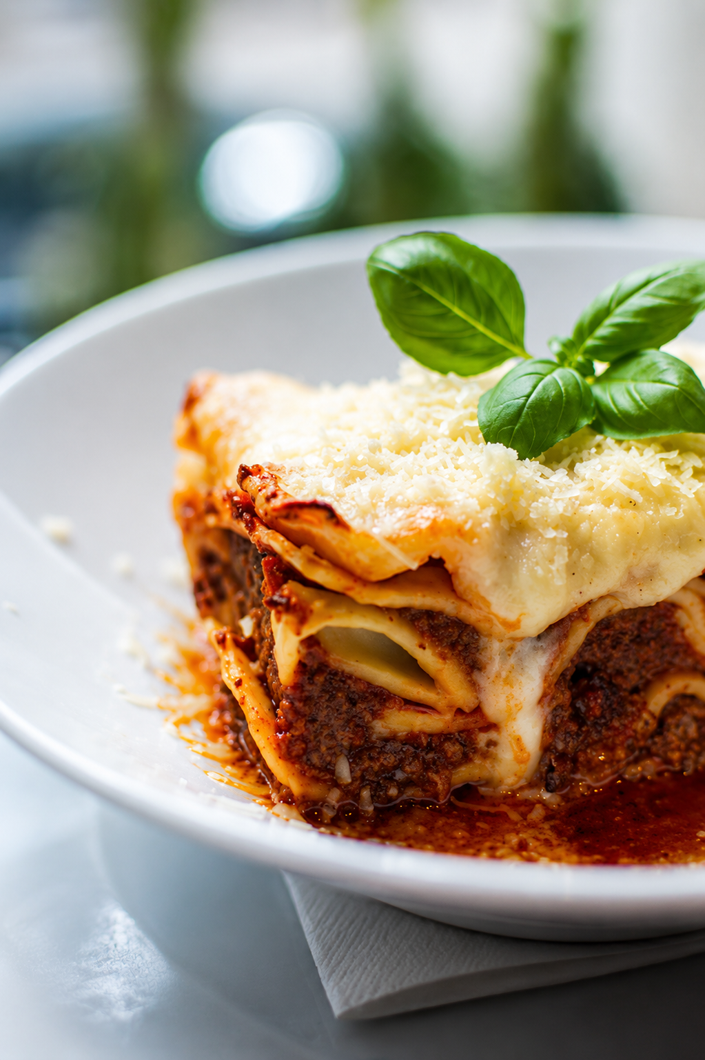 Lasagna served on a white plate