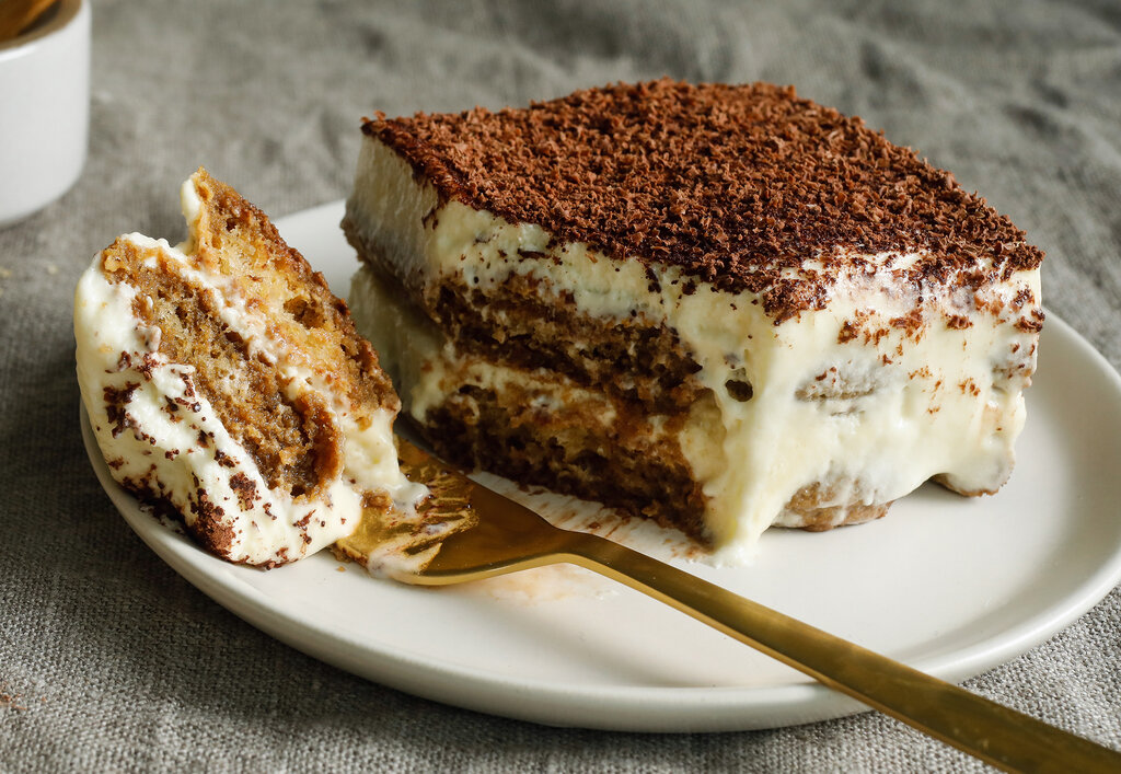 Classic tiramisu dusted with cocoa
