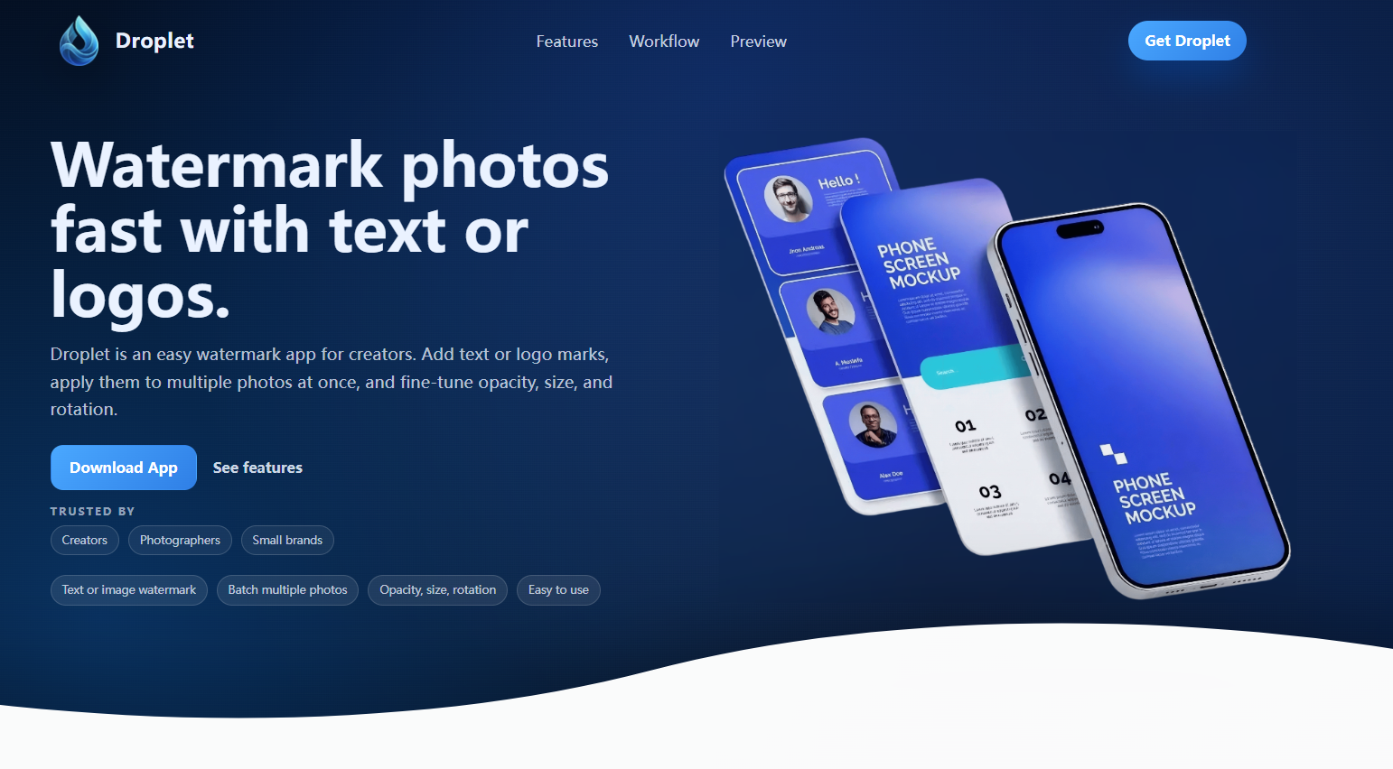 Droplet landing page screenshot 1
